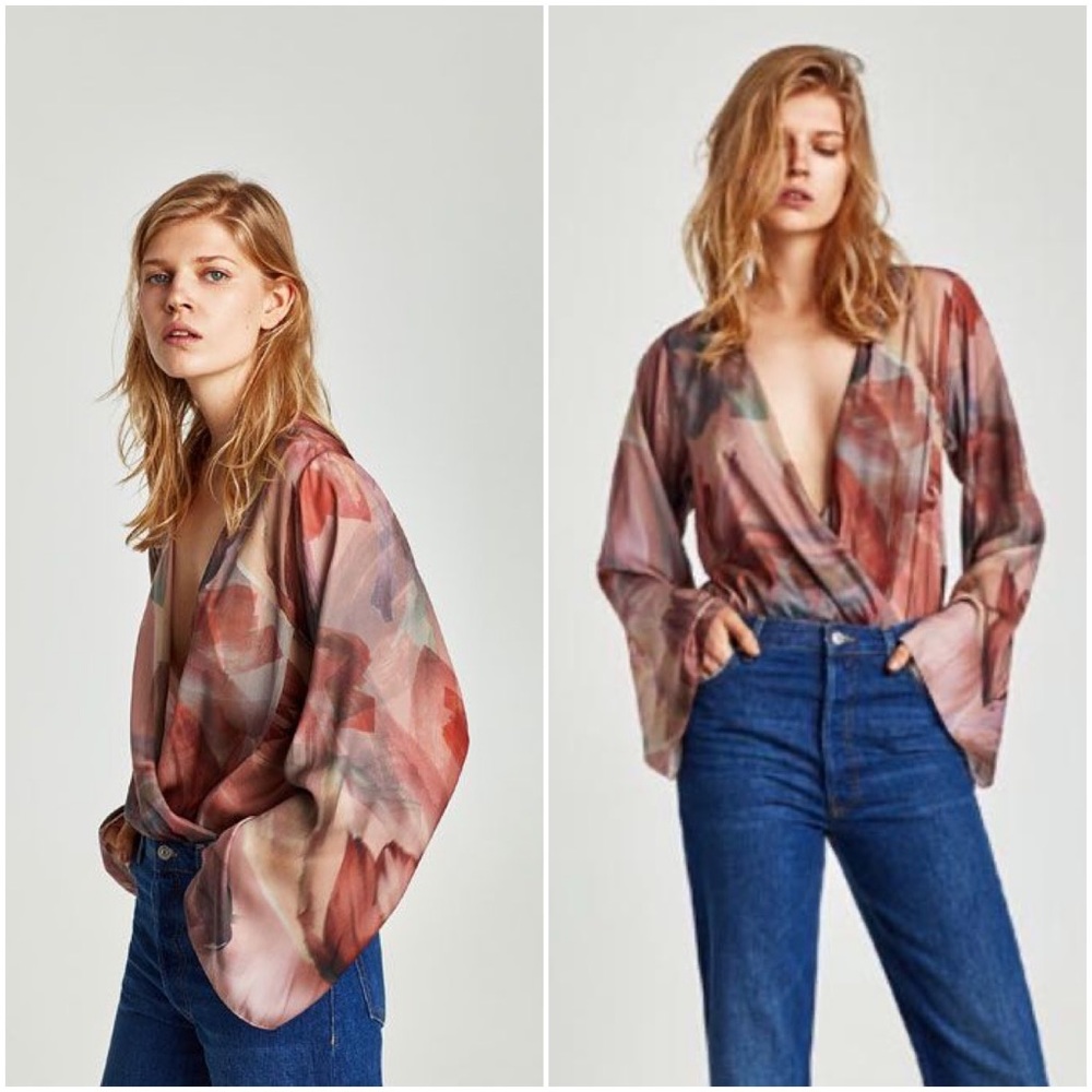 NWT ZARA V-NECK SATIN BODYSUIT WITH LOOSE-FITTING SLEEVES